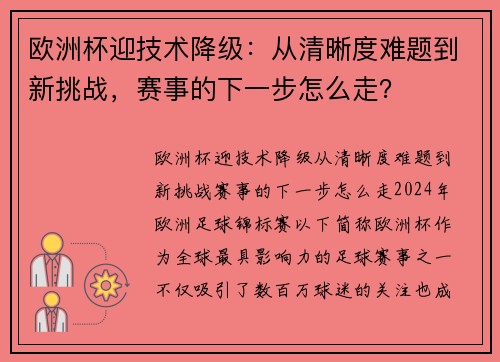 欧洲杯迎技术降级：从清晰度难题到新挑战，赛事的下一步怎么走？