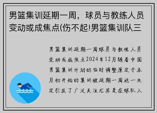 男篮集训延期一周，球员与教练人员变动或成焦点(伤不起!男篮集训队三天连损三人 或影响备战亚预赛)